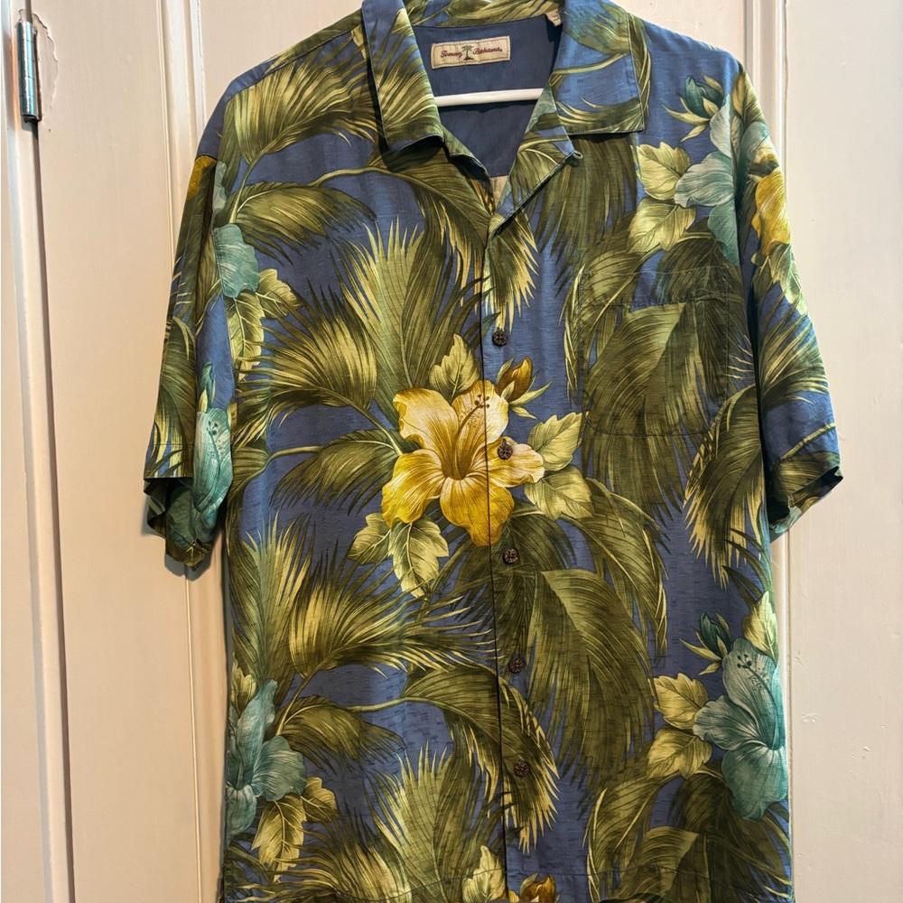 Tommy Bahama Blue Floral & Green Palm Camp Shirt with Yellow Hibiscus